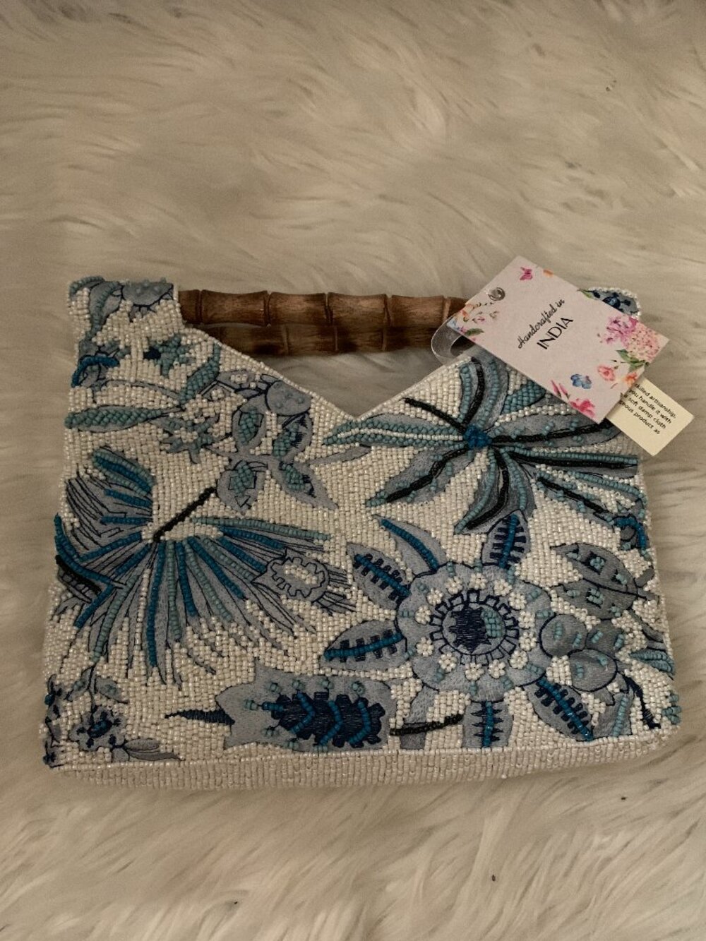 HANDCRAFTED IN INDIA Tropical Floral/Palm Seed Bead & Embroidered Clutch Bag